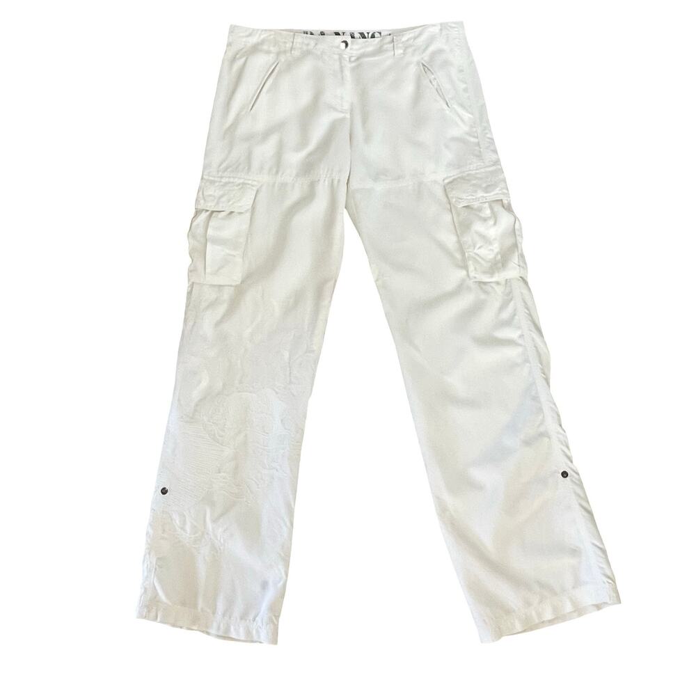 Vintage Y2K Da-Nang White Silk Cargo Pants Embroidered MED Grunge Low Rise